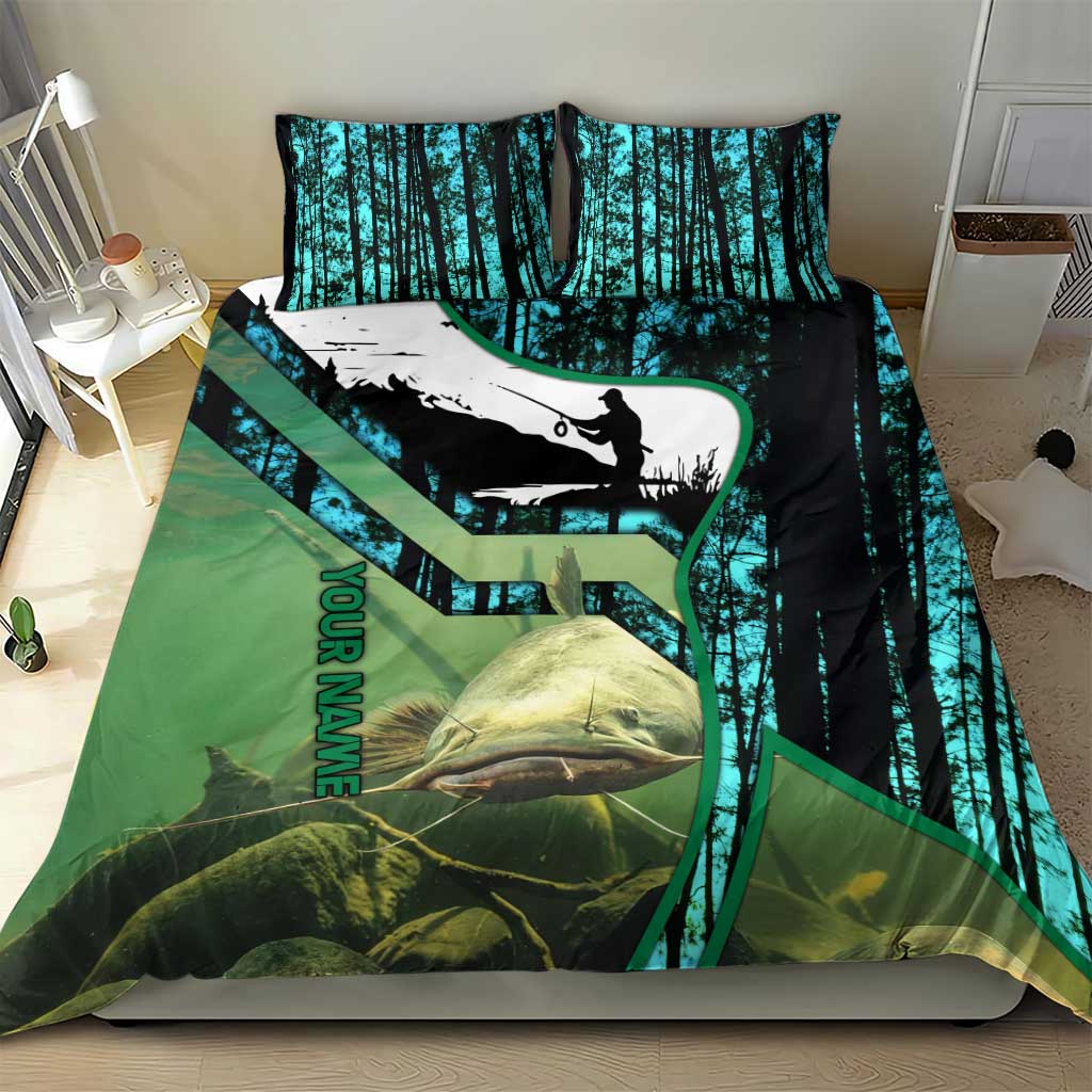 Flathead Catfish Custom Name Bedding Set Forest Silhouette and Green Blue Love Fishing Design - Wonder Print Shop
