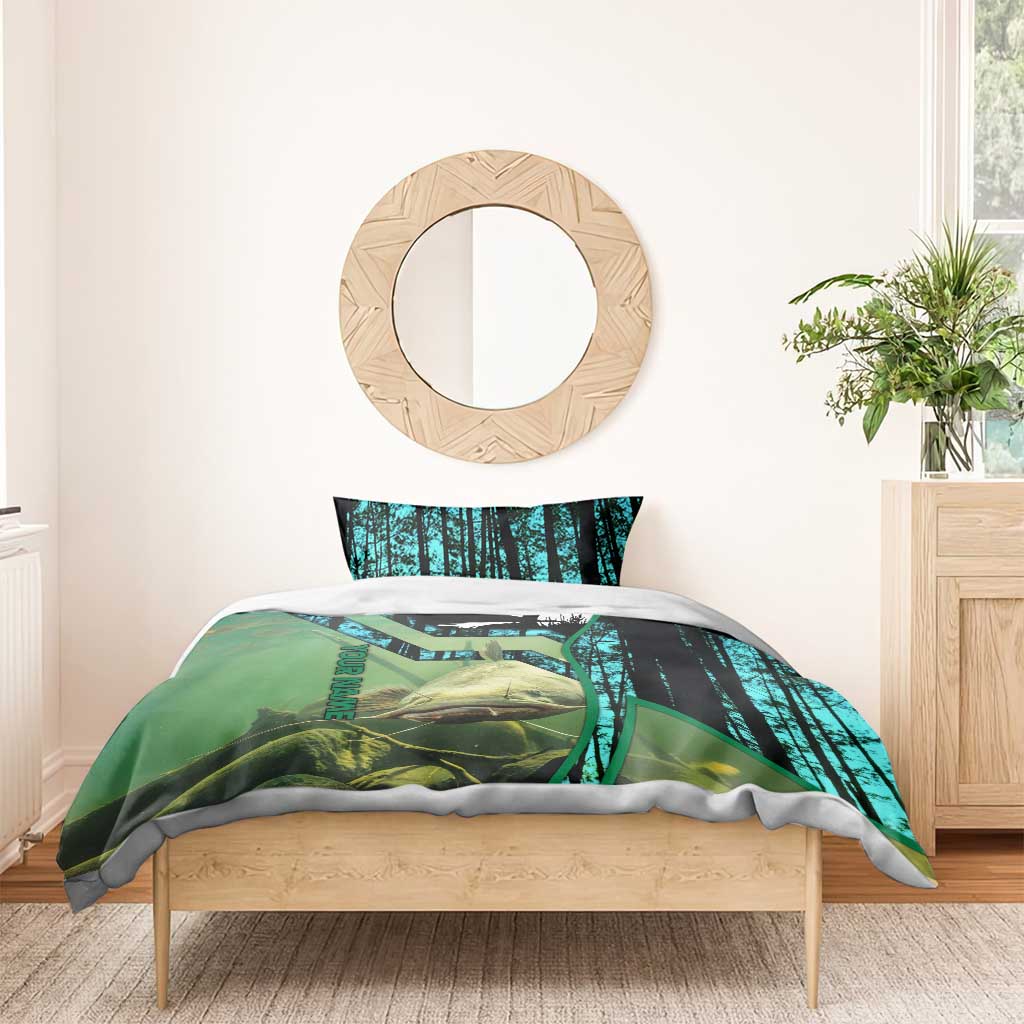 Flathead Catfish Custom Name Bedding Set Forest Silhouette and Green Blue Love Fishing Design - Wonder Print Shop