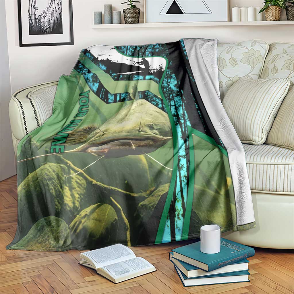 Flathead Catfish Custom Name Blanket Forest Silhouette and Green Blue Love Fishing Design - Wonder Print Shop