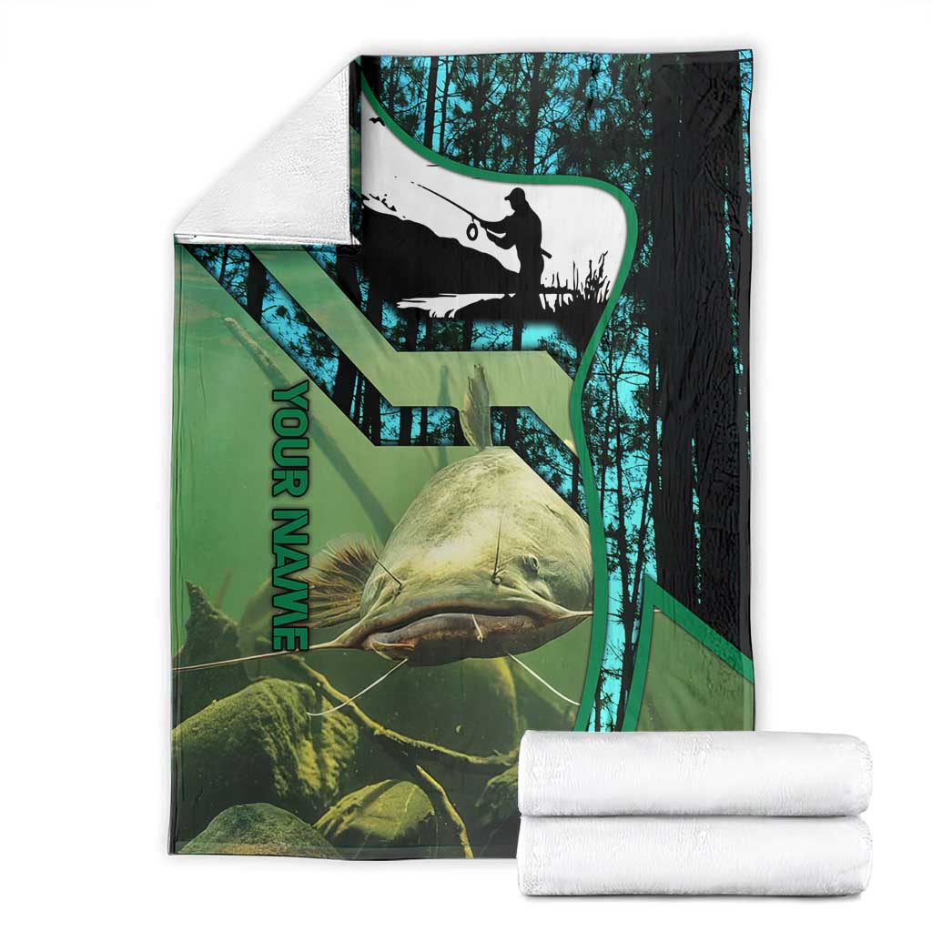 Flathead Catfish Custom Name Blanket Forest Silhouette and Green Blue Love Fishing Design - Wonder Print Shop