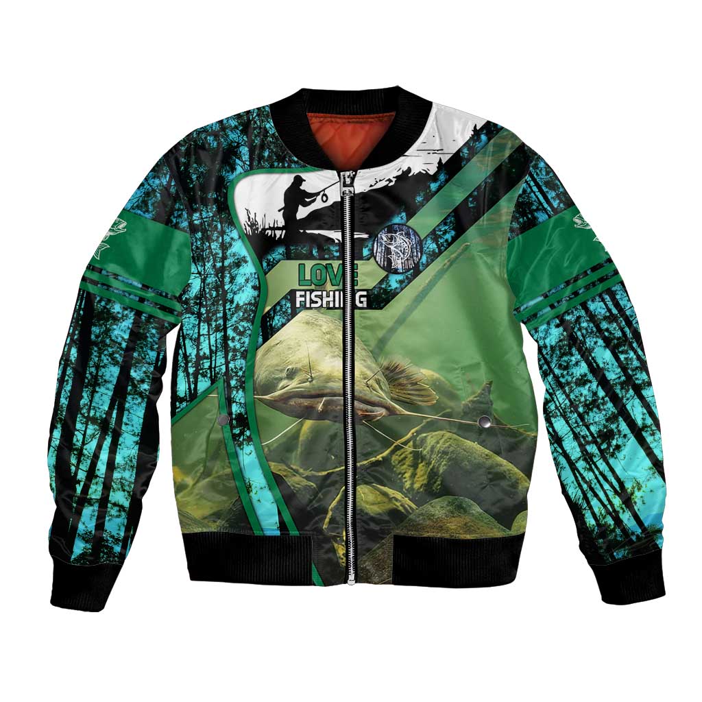 Flathead Catfish Custom Name Bomber Jacket Forest Silhouette and Green Blue Love Fishing Design - Wonder Print Shop