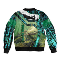 Flathead Catfish Custom Name Bomber Jacket Forest Silhouette and Green Blue Love Fishing Design - Wonder Print Shop