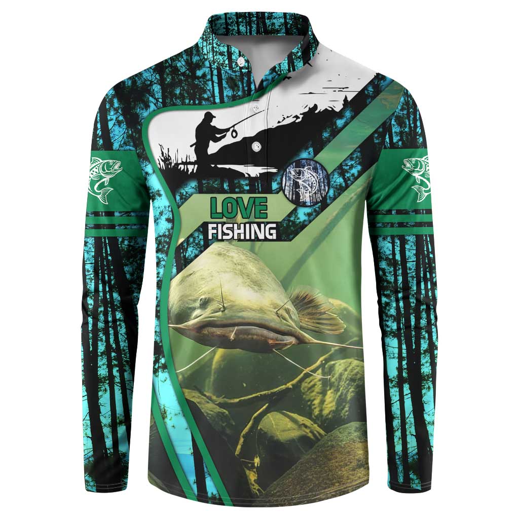 Flathead Catfish Custom Name Button Sweatshirt Forest Silhouette and Green Blue Love Fishing Design - Wonder Print Shop