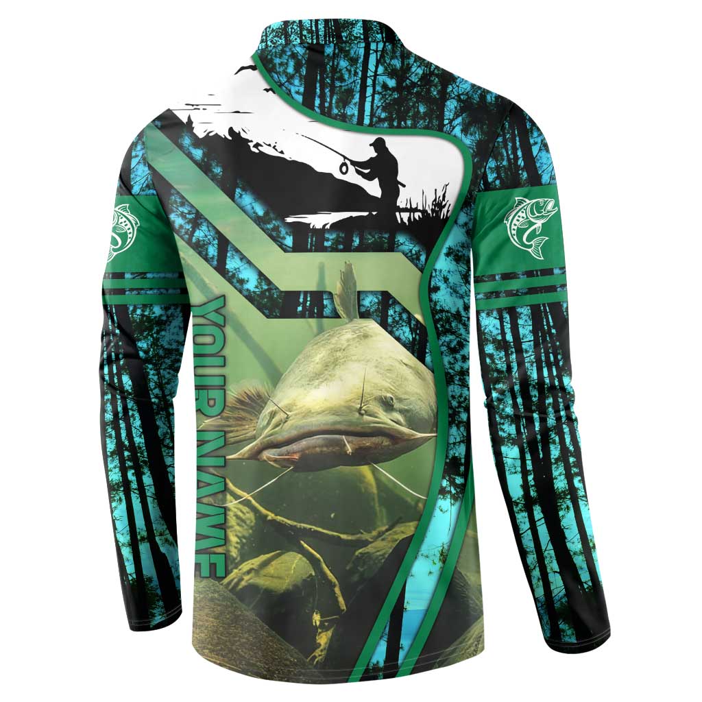 Flathead Catfish Custom Name Button Sweatshirt Forest Silhouette and Green Blue Love Fishing Design - Wonder Print Shop