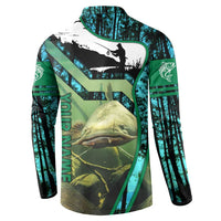 Flathead Catfish Custom Name Button Sweatshirt Forest Silhouette and Green Blue Love Fishing Design - Wonder Print Shop