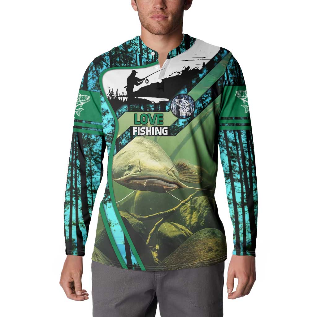 Flathead Catfish Custom Name Button Sweatshirt Forest Silhouette and Green Blue Love Fishing Design - Wonder Print Shop