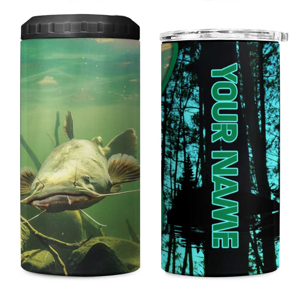 Flathead Catfish Custom Name 4 in 1 Can Cooler Tumbler Forest Silhouette and Green Blue Love Fishing Design - Wonder Print Shop