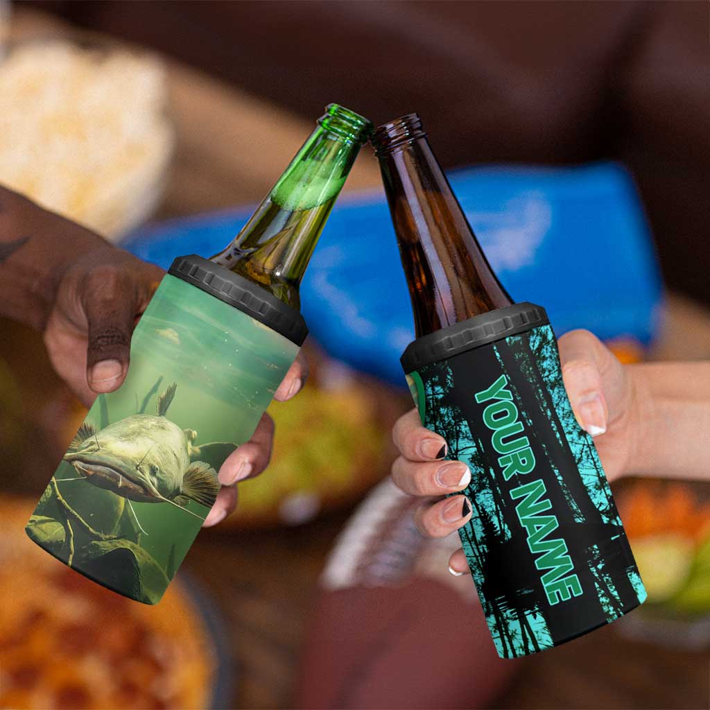 Flathead Catfish Custom Name 4 in 1 Can Cooler Tumbler Forest Silhouette and Green Blue Love Fishing Design - Wonder Print Shop