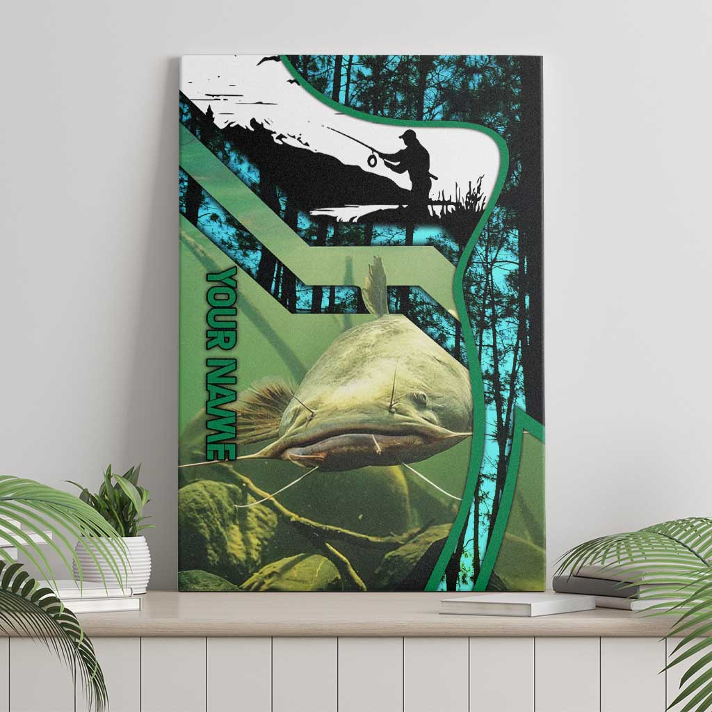 Flathead Catfish Custom Name Canvas Wall Art Forest Silhouette and Green Blue Love Fishing Design - Wonder Print Shop