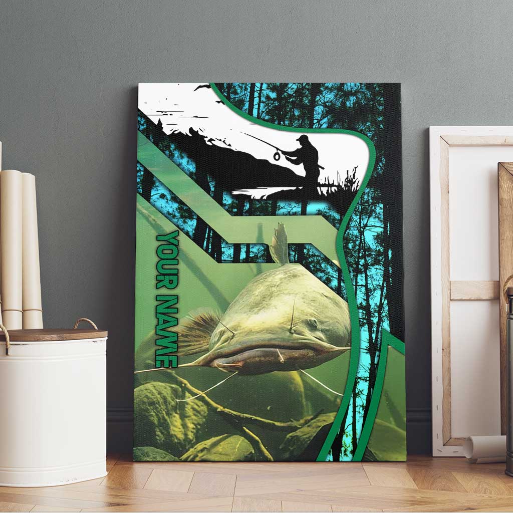 Flathead Catfish Custom Name Canvas Wall Art Forest Silhouette and Green Blue Love Fishing Design - Wonder Print Shop