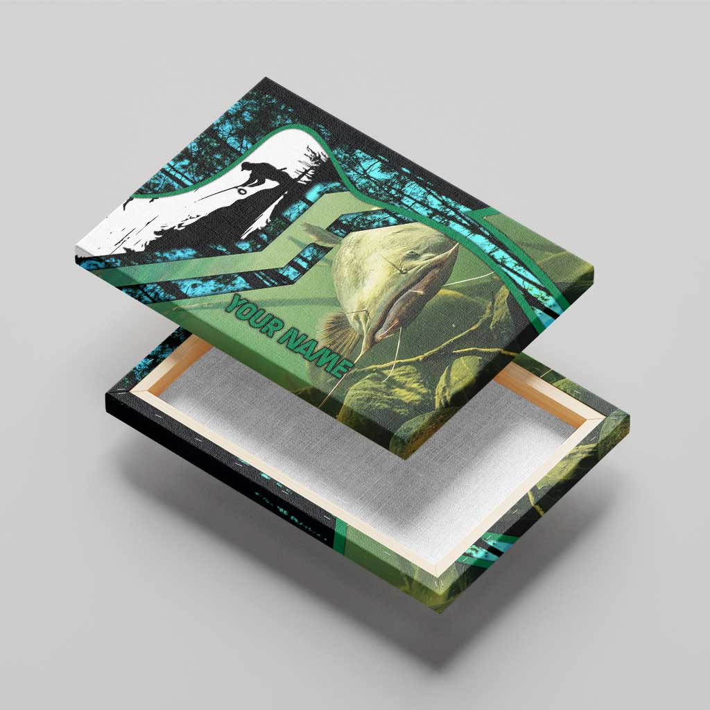 Flathead Catfish Custom Name Canvas Wall Art Forest Silhouette and Green Blue Love Fishing Design - Wonder Print Shop