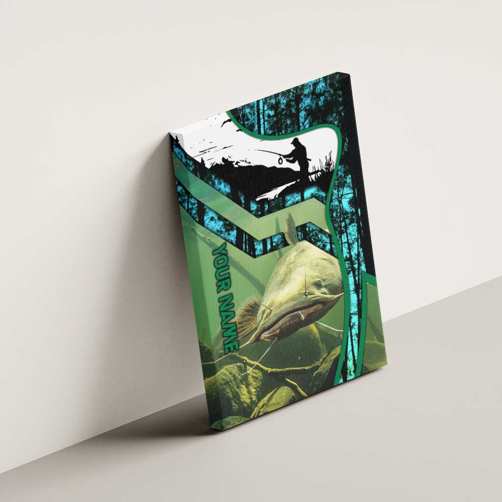 Flathead Catfish Custom Name Canvas Wall Art Forest Silhouette and Green Blue Love Fishing Design - Wonder Print Shop