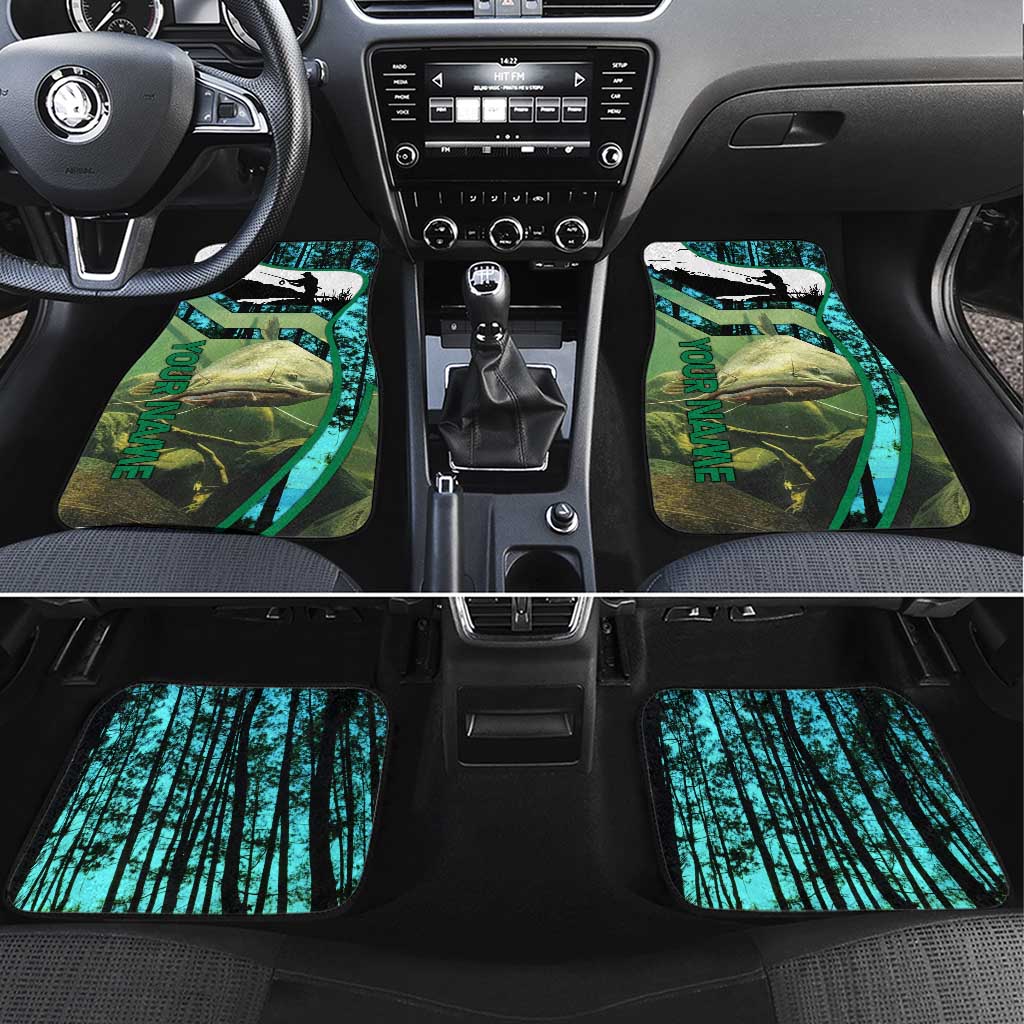 Flathead Catfish Custom Name Car Mats Forest Silhouette and Green Blue Love Fishing Design - Wonder Print Shop