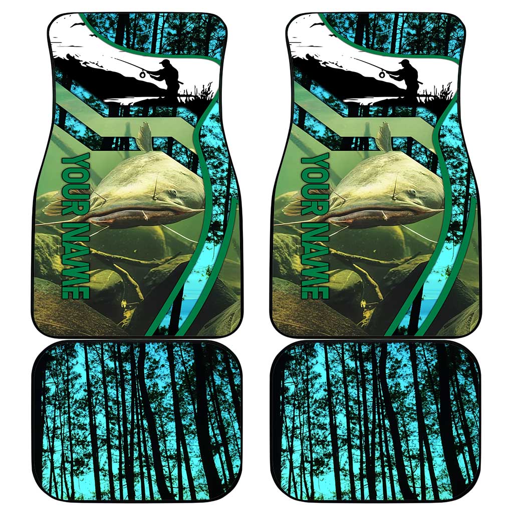 Flathead Catfish Custom Name Car Mats Forest Silhouette and Green Blue Love Fishing Design - Wonder Print Shop