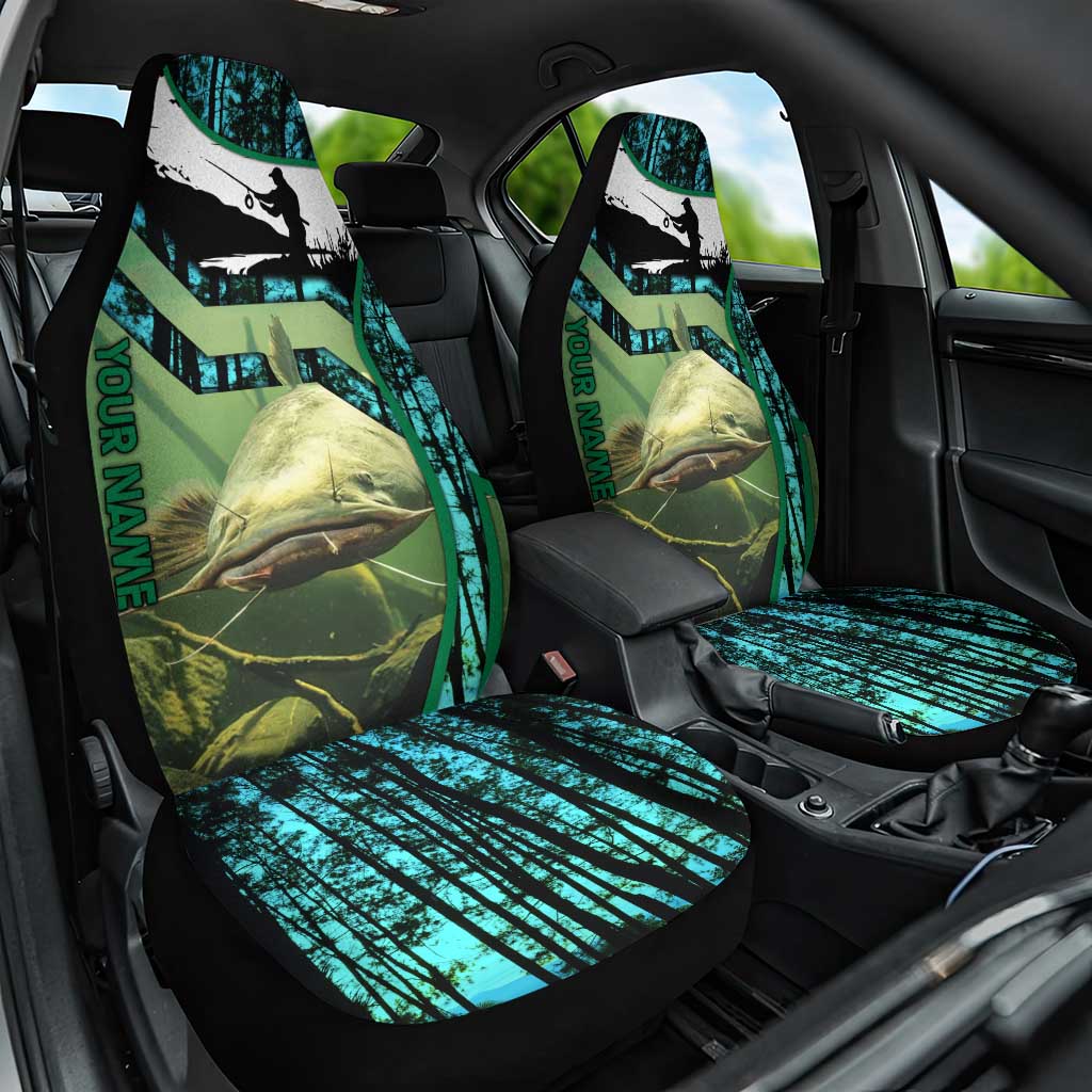 Flathead Catfish Custom Name Car Seat Cover Forest Silhouette and Green Blue Love Fishing Design - Wonder Print Shop