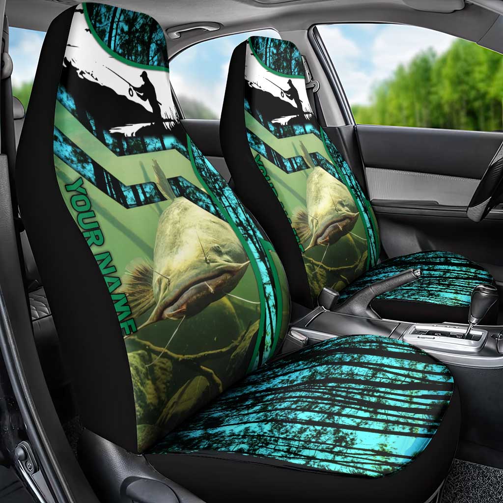 Flathead Catfish Custom Name Car Seat Cover Forest Silhouette and Green Blue Love Fishing Design - Wonder Print Shop
