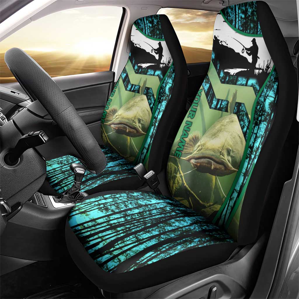 Flathead Catfish Custom Name Car Seat Cover Forest Silhouette and Green Blue Love Fishing Design - Wonder Print Shop