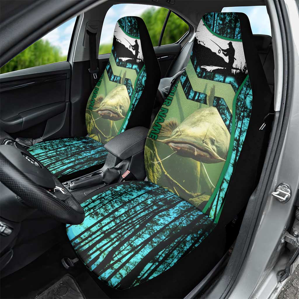 Flathead Catfish Custom Name Car Seat Cover Forest Silhouette and Green Blue Love Fishing Design - Wonder Print Shop