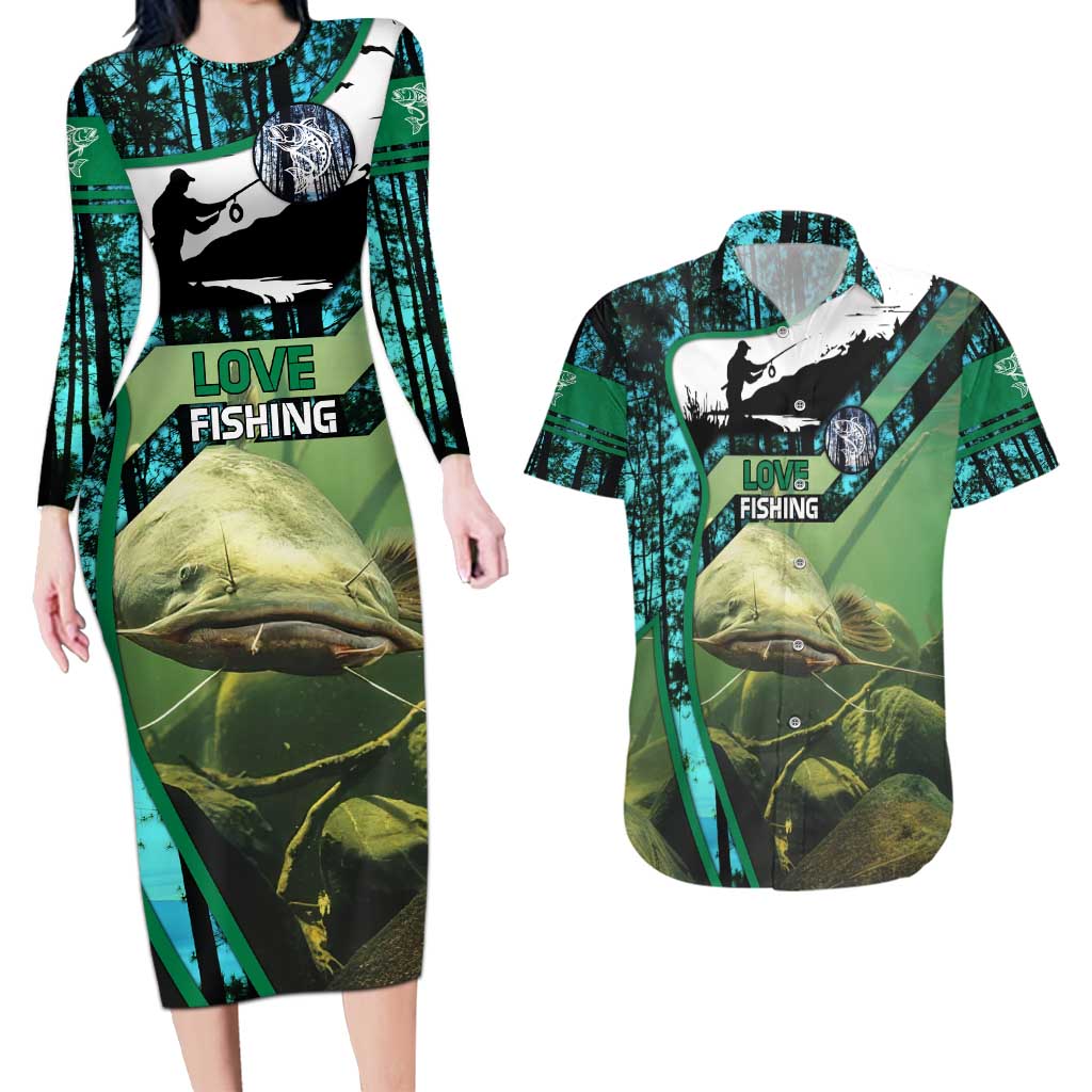 Flathead Catfish Custom Name Couples Matching Long Sleeve Bodycon Dress and Hawaiian Shirt Forest Silhouette and Green Blue Love Fishing Design - Wonder Print Shop
