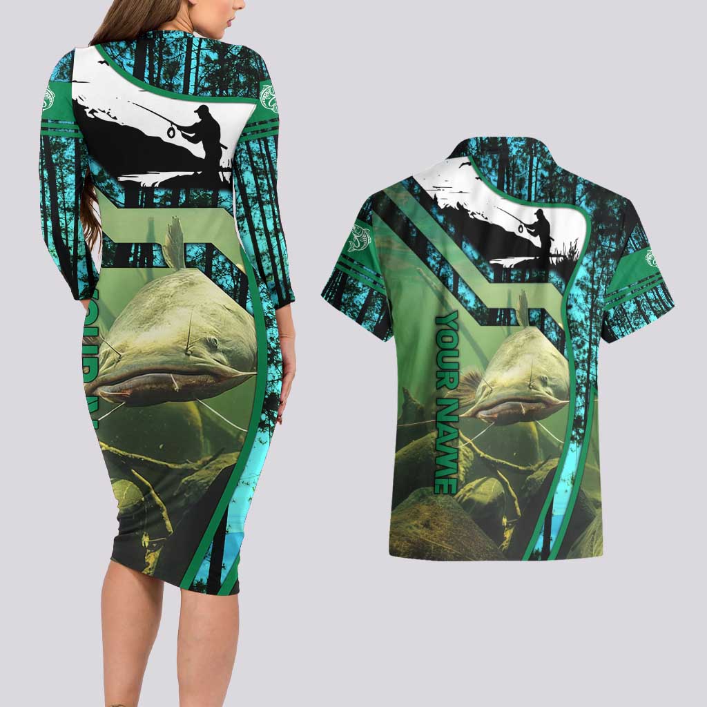 Flathead Catfish Custom Name Couples Matching Long Sleeve Bodycon Dress and Hawaiian Shirt Forest Silhouette and Green Blue Love Fishing Design - Wonder Print Shop
