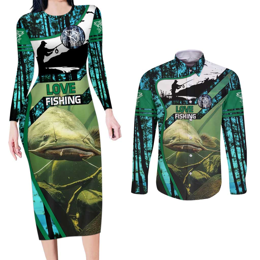 Flathead Catfish Custom Name Couples Matching Long Sleeve Bodycon Dress and Long Sleeve Button Shirt Forest Silhouette and Green Blue Love Fishing Design - Wonder Print Shop