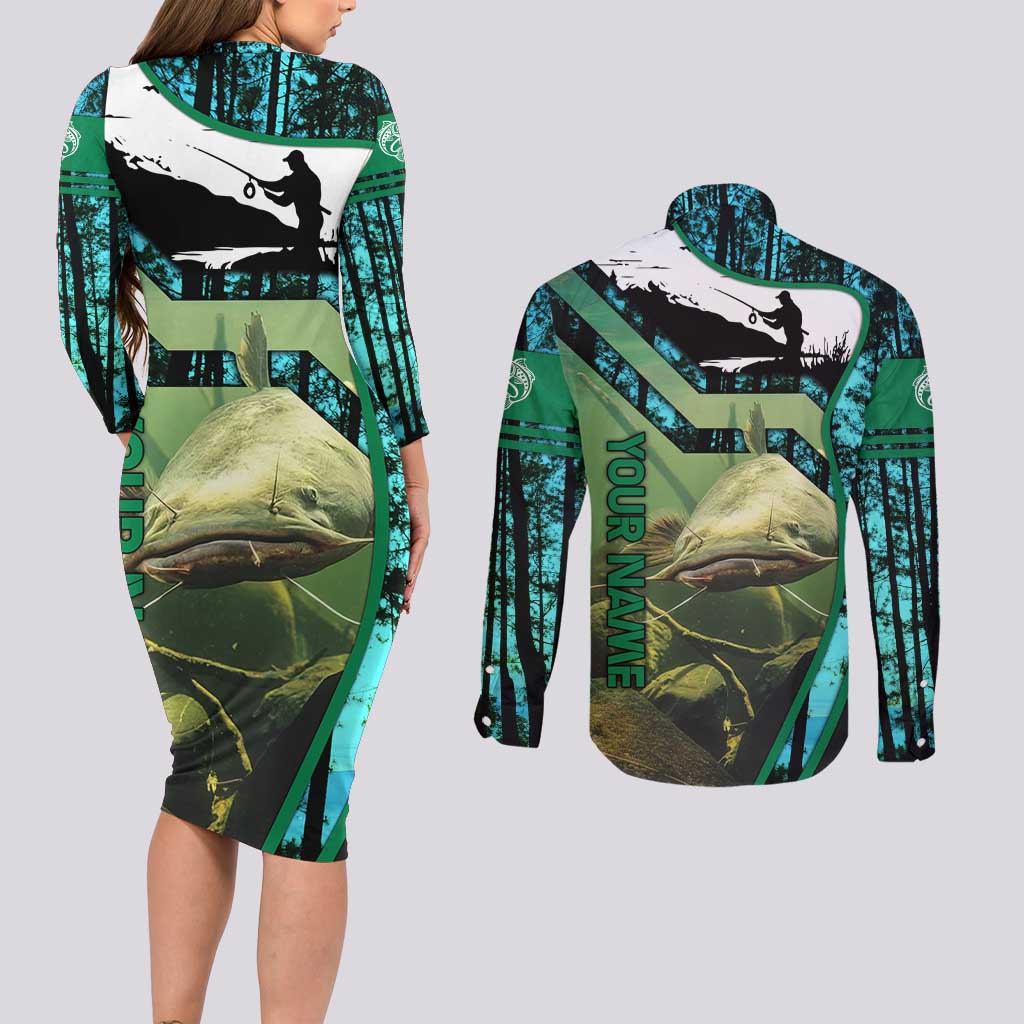 Flathead Catfish Custom Name Couples Matching Long Sleeve Bodycon Dress and Long Sleeve Button Shirt Forest Silhouette and Green Blue Love Fishing Design - Wonder Print Shop