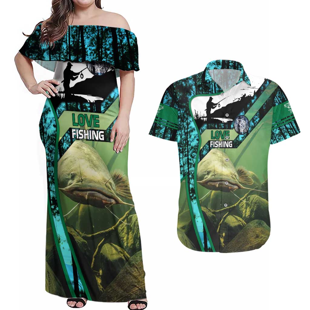 Flathead Catfish Custom Name Couples Matching Off Shoulder Maxi Dress and Hawaiian Shirt Forest Silhouette and Green Blue Love Fishing Design - Wonder Print Shop