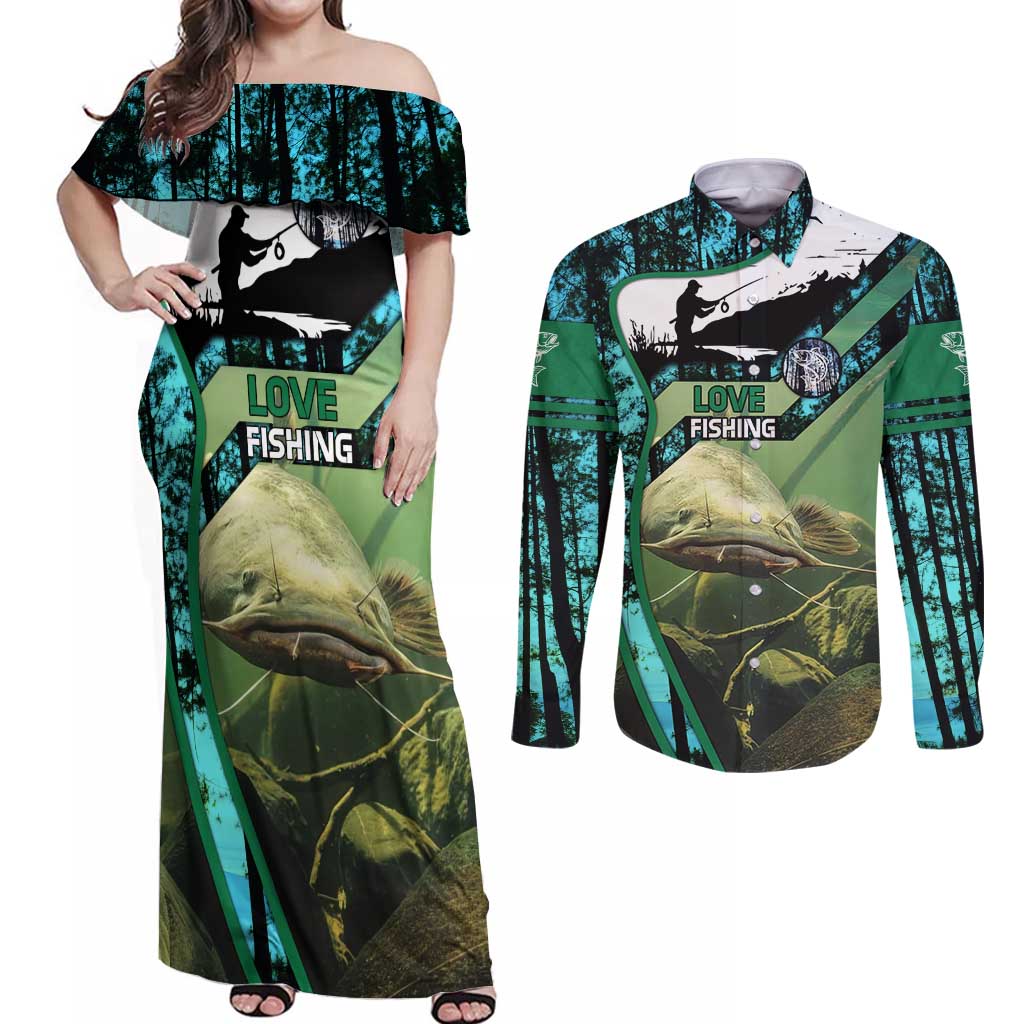 Flathead Catfish Custom Name Couples Matching Off Shoulder Maxi Dress and Long Sleeve Button Shirt Forest Silhouette and Green Blue Love Fishing Design - Wonder Print Shop