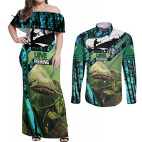 Flathead Catfish Custom Name Couples Matching Off Shoulder Maxi Dress and Long Sleeve Button Shirt Forest Silhouette and Green Blue Love Fishing Design - Wonder Print Shop