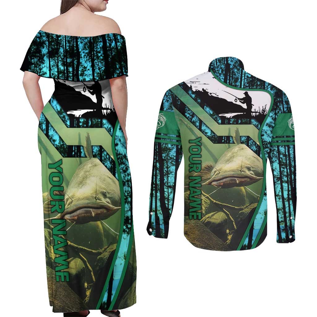 Flathead Catfish Custom Name Couples Matching Off Shoulder Maxi Dress and Long Sleeve Button Shirt Forest Silhouette and Green Blue Love Fishing Design - Wonder Print Shop