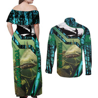Flathead Catfish Custom Name Couples Matching Off Shoulder Maxi Dress and Long Sleeve Button Shirt Forest Silhouette and Green Blue Love Fishing Design - Wonder Print Shop