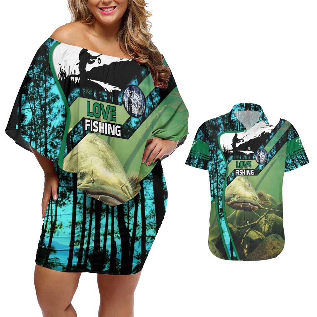 Flathead Catfish Custom Name Couples Matching Off Shoulder Short Dress and Hawaiian Shirt Forest Silhouette and Green Blue Love Fishing Design - Wonder Print Shop