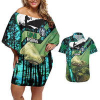 Flathead Catfish Custom Name Couples Matching Off Shoulder Short Dress and Hawaiian Shirt Forest Silhouette and Green Blue Love Fishing Design - Wonder Print Shop