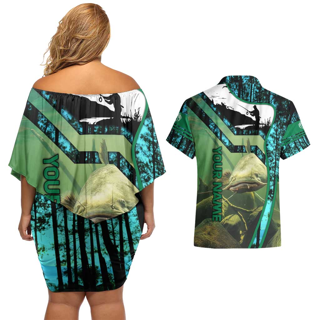 Flathead Catfish Custom Name Couples Matching Off Shoulder Short Dress and Hawaiian Shirt Forest Silhouette and Green Blue Love Fishing Design - Wonder Print Shop