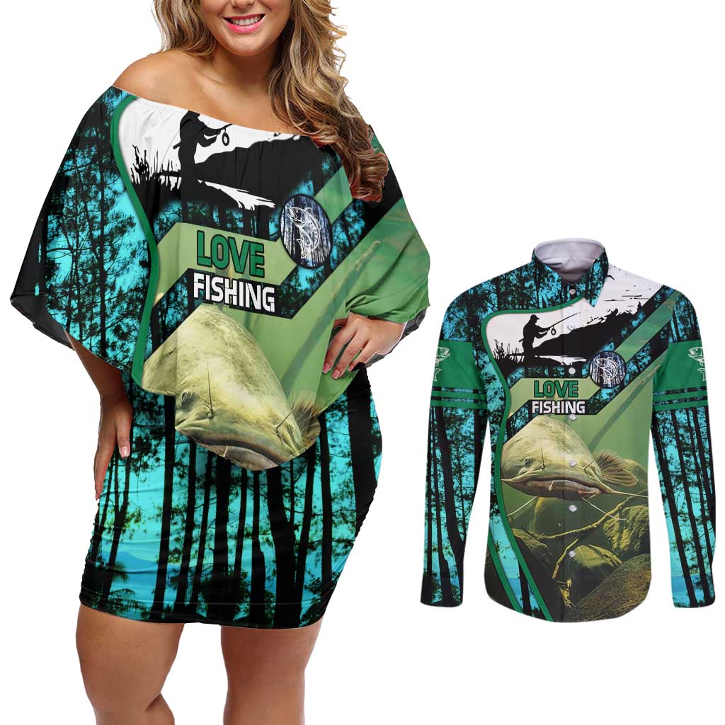 Flathead Catfish Custom Name Couples Matching Off Shoulder Short Dress and Long Sleeve Button Shirt Forest Silhouette and Green Blue Love Fishing Design - Wonder Print Shop