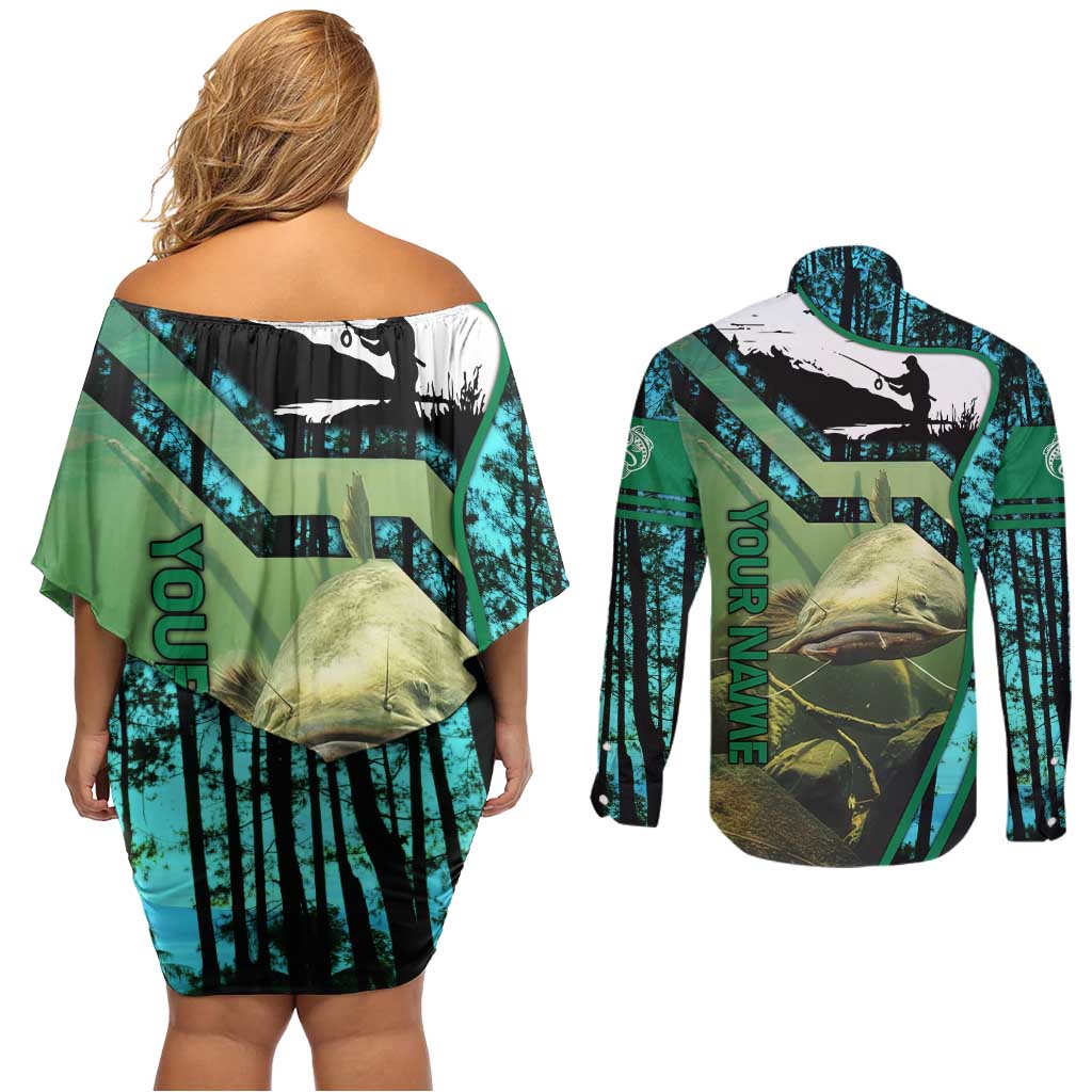 Flathead Catfish Custom Name Couples Matching Off Shoulder Short Dress and Long Sleeve Button Shirt Forest Silhouette and Green Blue Love Fishing Design - Wonder Print Shop
