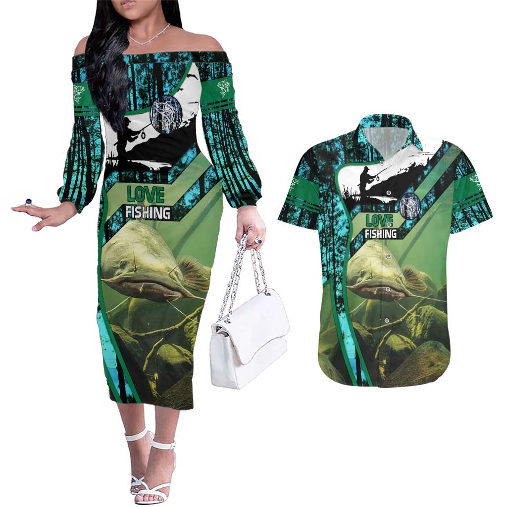 Flathead Catfish Custom Name Couples Matching Off The Shoulder Long Sleeve Dress and Hawaiian Shirt Forest Silhouette and Green Blue Love Fishing Design - Wonder Print Shop