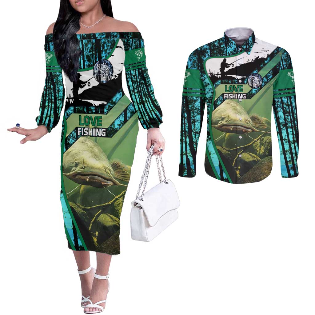 Flathead Catfish Custom Name Couples Matching Off The Shoulder Long Sleeve Dress and Long Sleeve Button Shirt Forest Silhouette and Green Blue Love Fishing Design - Wonder Print Shop