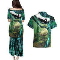Flathead Catfish Custom Name Couples Matching Puletasi and Hawaiian Shirt Forest Silhouette and Green Blue Love Fishing Design - Wonder Print Shop