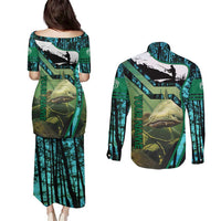 Flathead Catfish Custom Name Couples Matching Puletasi and Long Sleeve Button Shirt Forest Silhouette and Green Blue Love Fishing Design - Wonder Print Shop