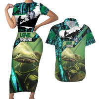 Flathead Catfish Custom Name Couples Matching Short Sleeve Bodycon Dress and Hawaiian Shirt Forest Silhouette and Green Blue Love Fishing Design - Wonder Print Shop