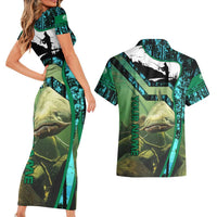 Flathead Catfish Custom Name Couples Matching Short Sleeve Bodycon Dress and Hawaiian Shirt Forest Silhouette and Green Blue Love Fishing Design - Wonder Print Shop