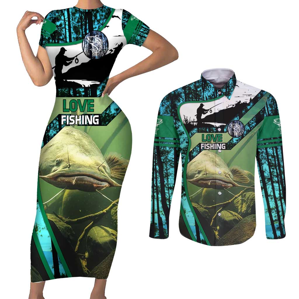Flathead Catfish Custom Name Couples Matching Short Sleeve Bodycon Dress and Long Sleeve Button Shirt Forest Silhouette and Green Blue Love Fishing Design - Wonder Print Shop