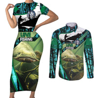 Flathead Catfish Custom Name Couples Matching Short Sleeve Bodycon Dress and Long Sleeve Button Shirt Forest Silhouette and Green Blue Love Fishing Design - Wonder Print Shop