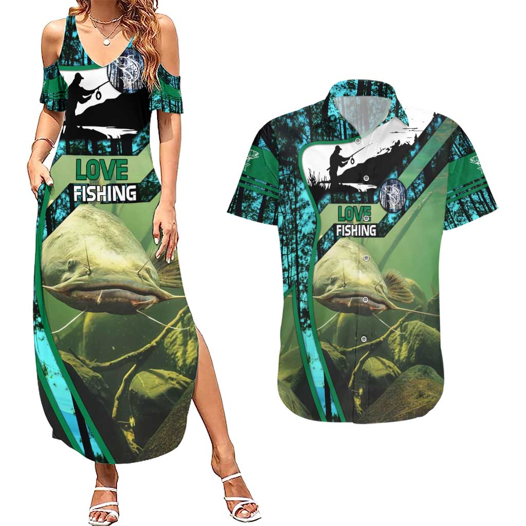 Flathead Catfish Custom Name Couples Matching Summer Maxi Dress and Hawaiian Shirt Forest Silhouette and Green Blue Love Fishing Design - Wonder Print Shop