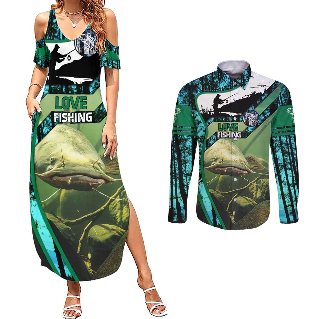 Flathead Catfish Custom Name Couples Matching Summer Maxi Dress and Long Sleeve Button Shirt Forest Silhouette and Green Blue Love Fishing Design - Wonder Print Shop