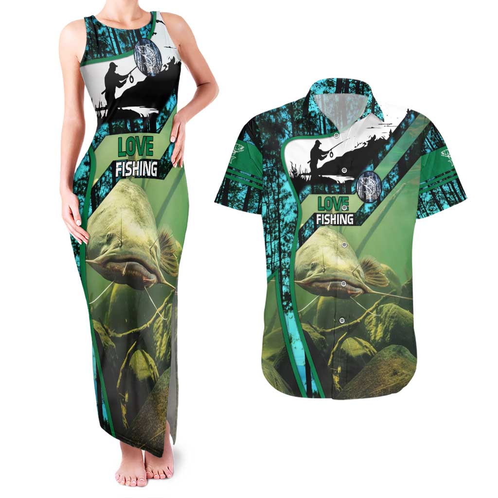 Flathead Catfish Custom Name Couples Matching Tank Maxi Dress and Hawaiian Shirt Forest Silhouette and Green Blue Love Fishing Design - Wonder Print Shop