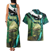Flathead Catfish Custom Name Couples Matching Tank Maxi Dress and Hawaiian Shirt Forest Silhouette and Green Blue Love Fishing Design - Wonder Print Shop