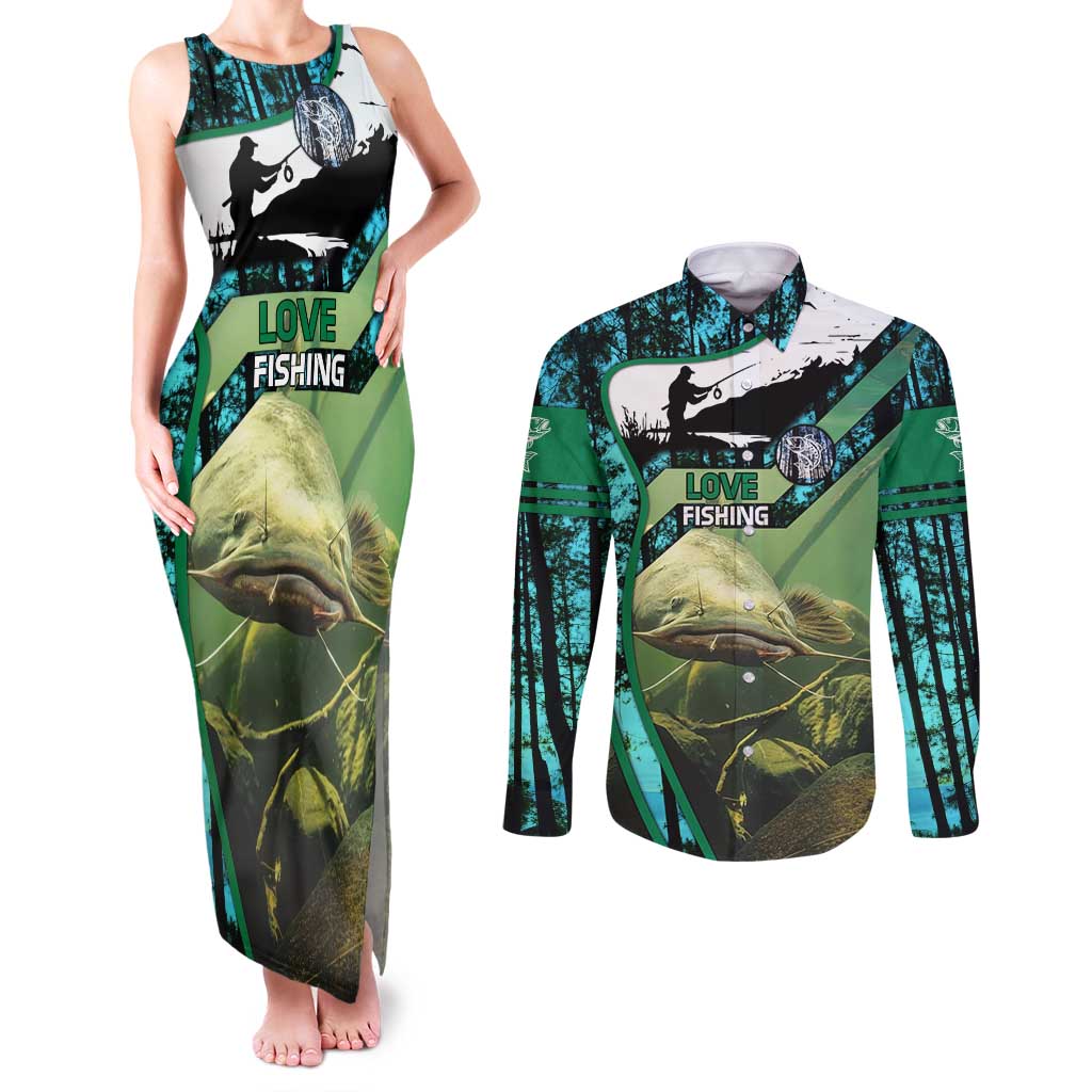 Flathead Catfish Custom Name Couples Matching Tank Maxi Dress and Long Sleeve Button Shirt Forest Silhouette and Green Blue Love Fishing Design - Wonder Print Shop