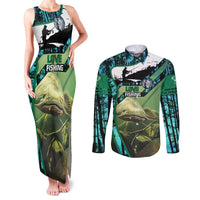 Flathead Catfish Custom Name Couples Matching Tank Maxi Dress and Long Sleeve Button Shirt Forest Silhouette and Green Blue Love Fishing Design - Wonder Print Shop